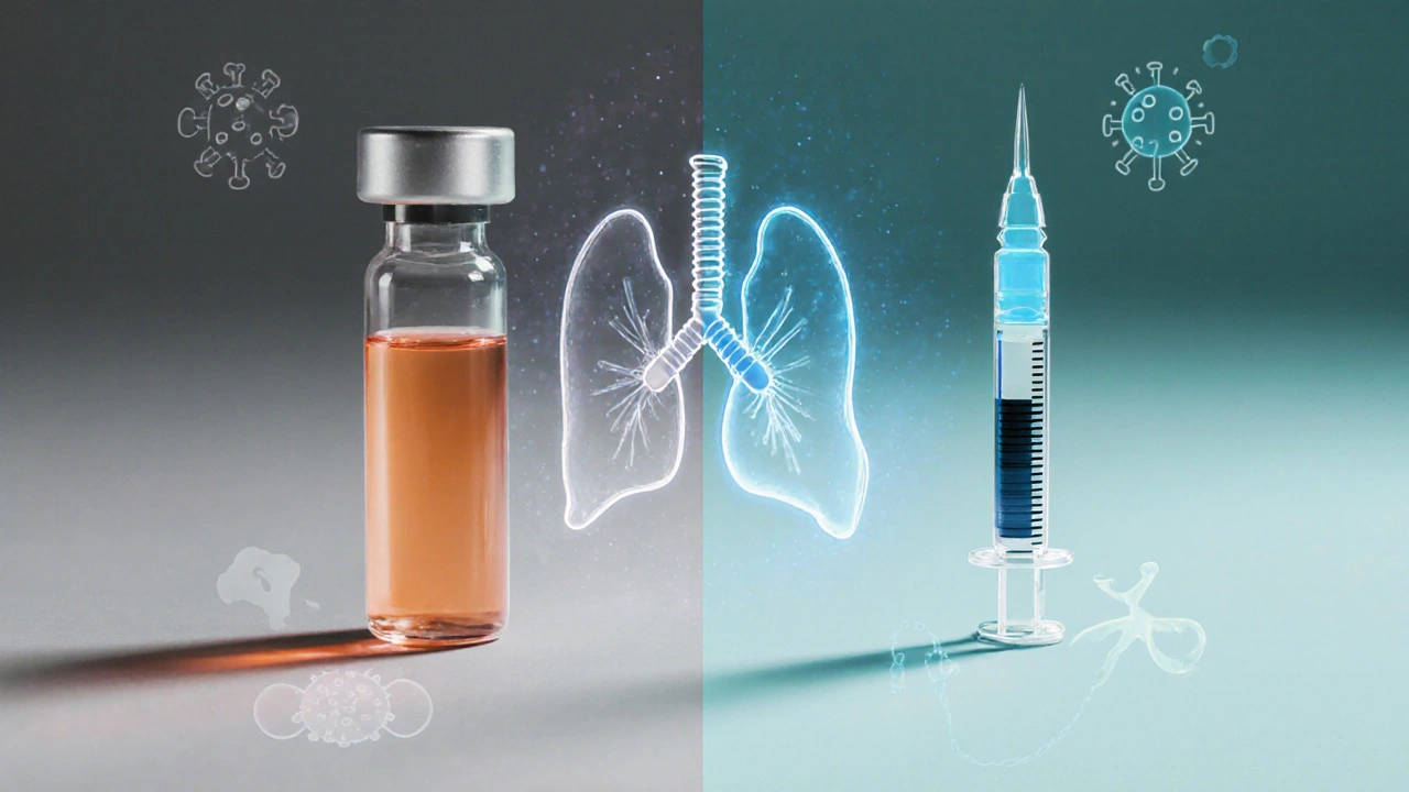 Split-screen illustration of doxycycline vial and monoclonal antibody syringe with molecular icons.