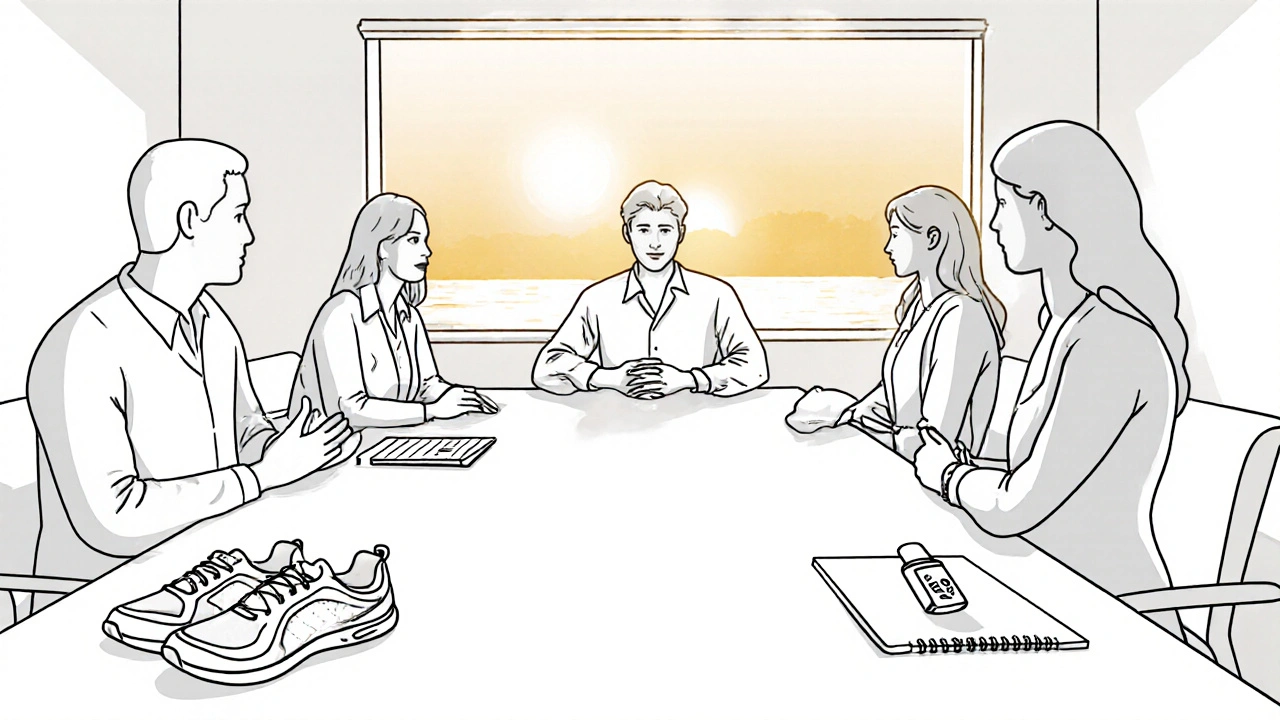 Team of doctors and patient surrounded by symbols of exercise, counseling, and supplements.