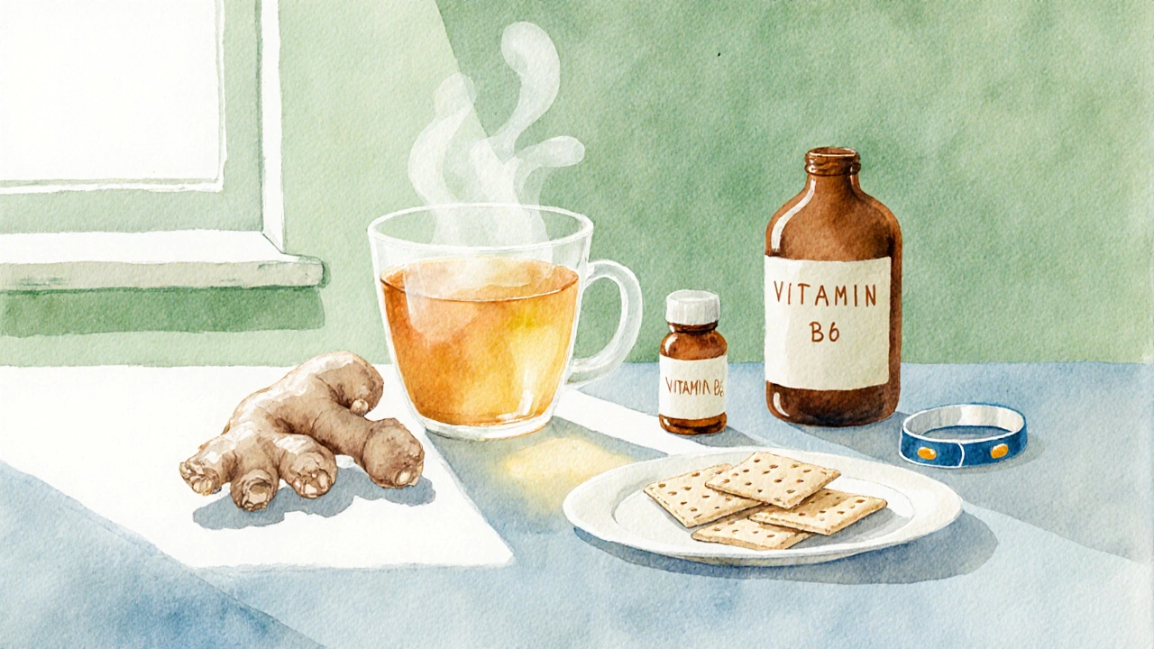 Watercolor of ginger, vitamin B6 pills, acupressure wristband, and tea on a table.