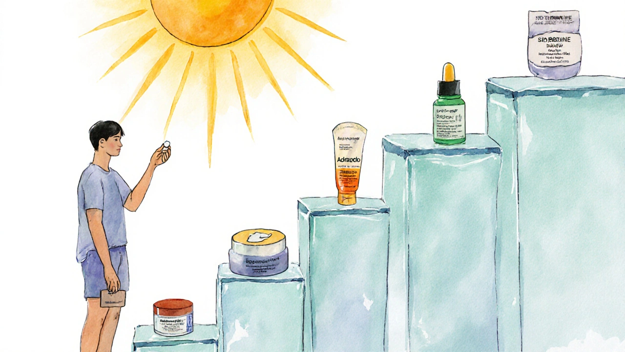 Watercolor scene of a person climbing a ladder of retinoid products toward glowing healthy skin.