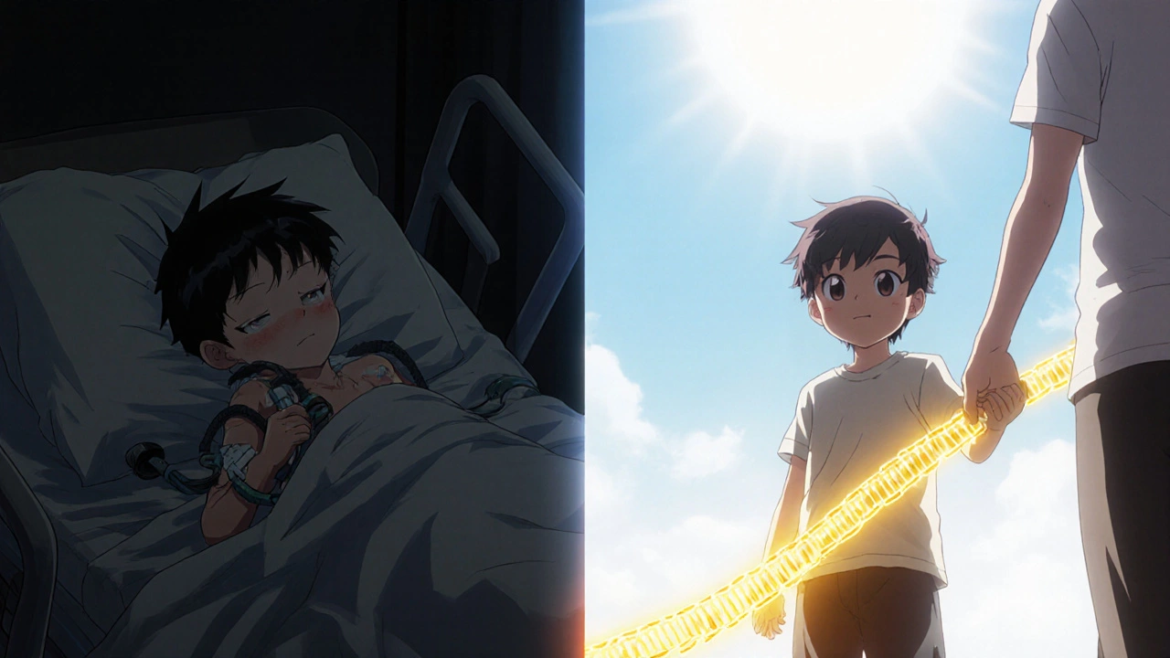 A child transforms from frail illness to standing strong, symbolized by a golden therapeutic bridge.