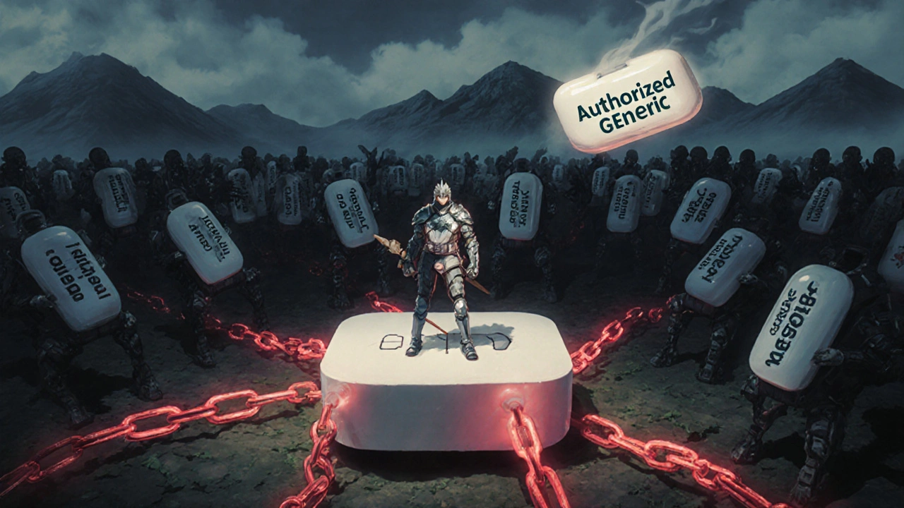 A lone generic warrior surrounded by corporate drones on a pill-shaped battlefield.