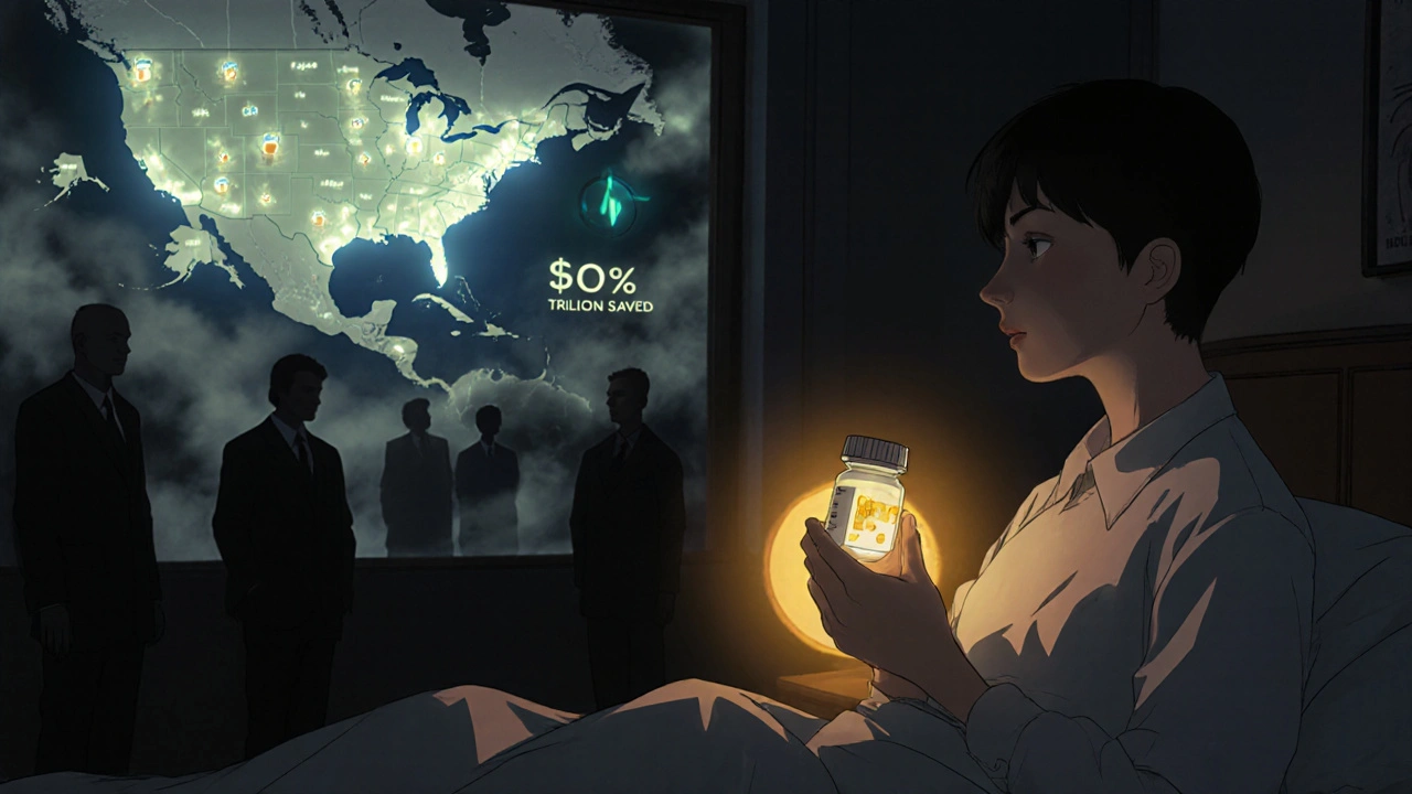 A patient holding a generic pill bottle under a warm lamp, while shadowy supply chains fade into a glowing U.S. map with saving icons.