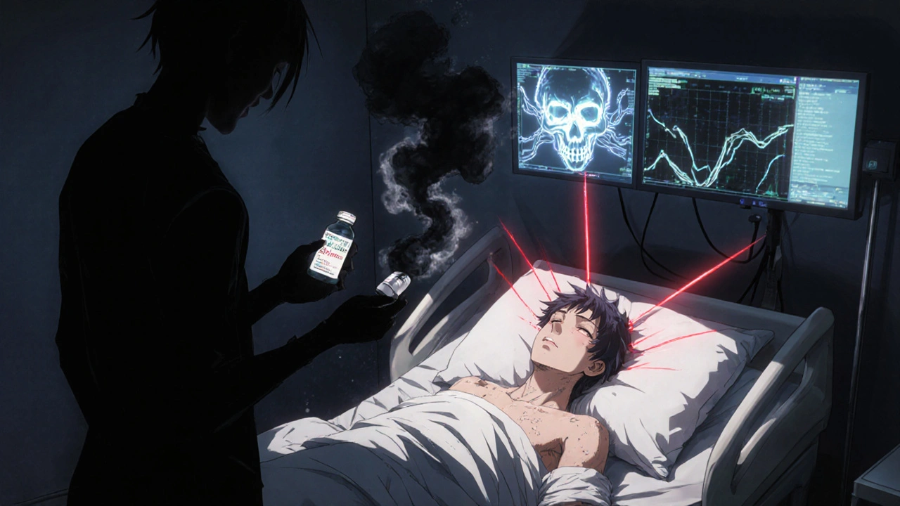 A patient in a hospital bed with feverish red lines and shadowy drug symbols looming over them in a dark room.