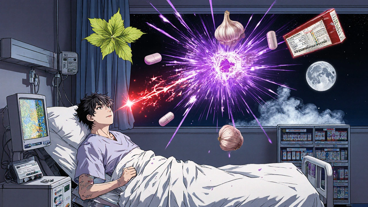 A patient in hospital with spectral herbal supplements and warfarin clashing in a storm of serotonin energy.