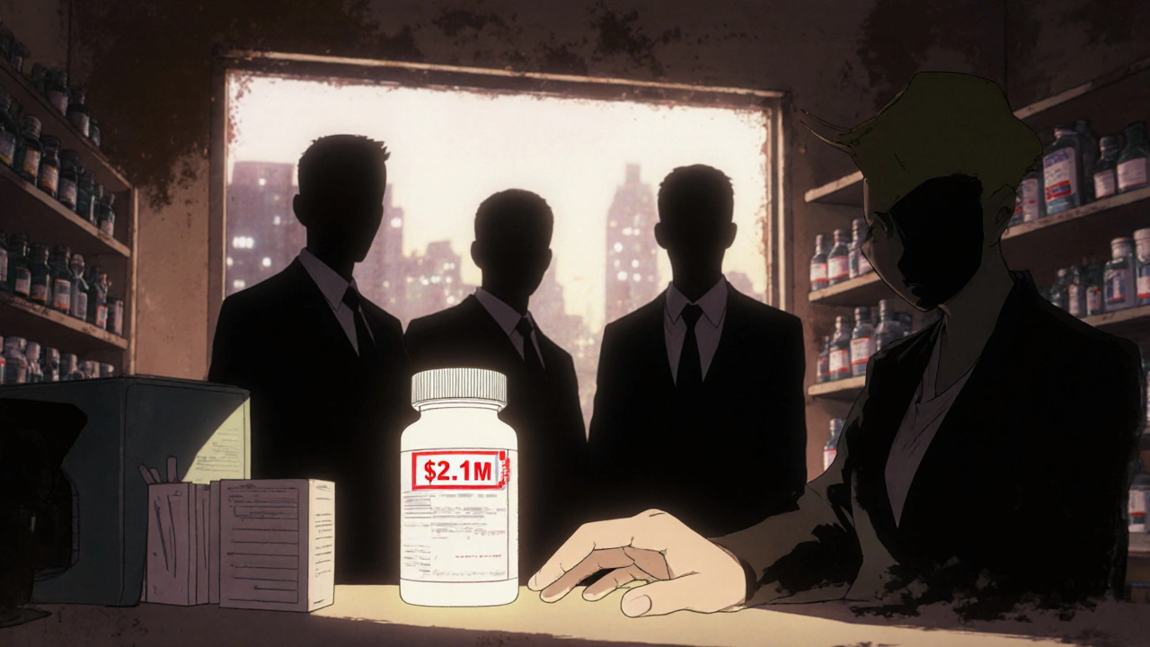 A patient reaches for a .1M pill as shadowy corporate figures loom behind them in a pharmacy.