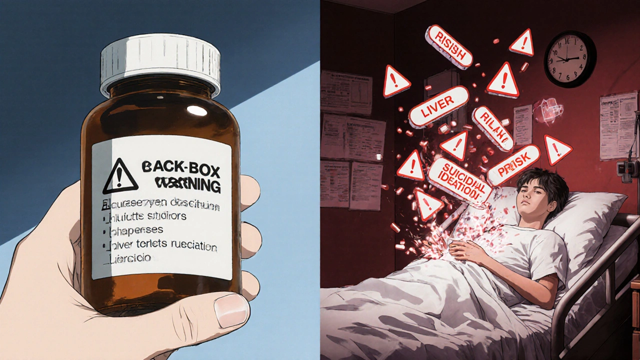 A patient’s past and present shown side-by-side as a drug’s warning explodes into life with risk text.