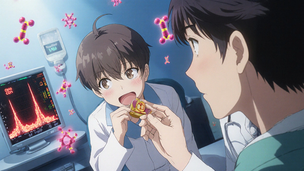 A pediatrician supervises a child eating peanut-containing food, with glowing allergen proteins and vital signs visible in the air.