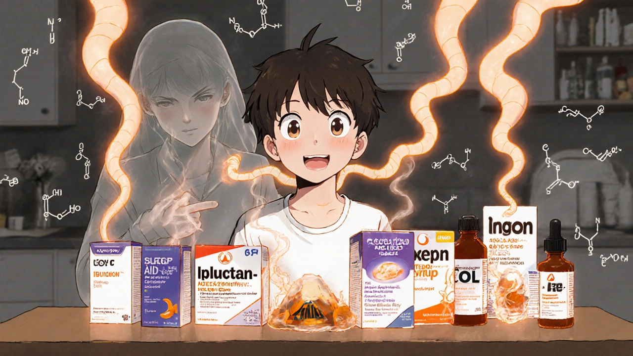 A person surrounded by OTC medicine boxes, steam forming dangerous shapes around their neck.