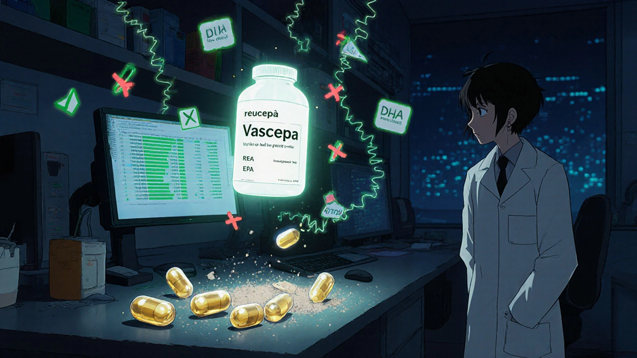 A prescription EPA bottle glows above lab data, with crumbling fish oil capsules on the table.