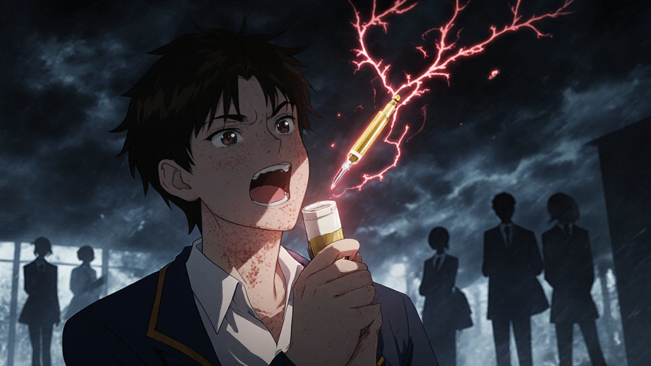 A teen using an epinephrine injector as hives spread and histamine clouds dissolve into a calming golden wave.