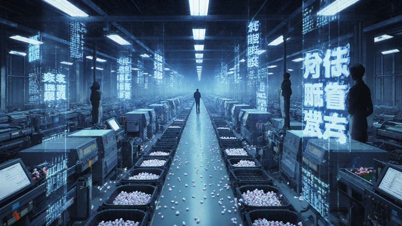 A vast generic drug factory with automated machines producing pills, floating cost data streams glowing in the air under cold blue lights.