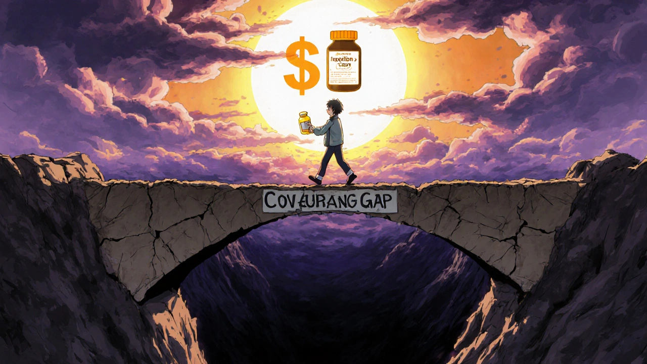 Character crossing a bridge over the Medicare donut hole as a hopeful 2025 sun rises above.