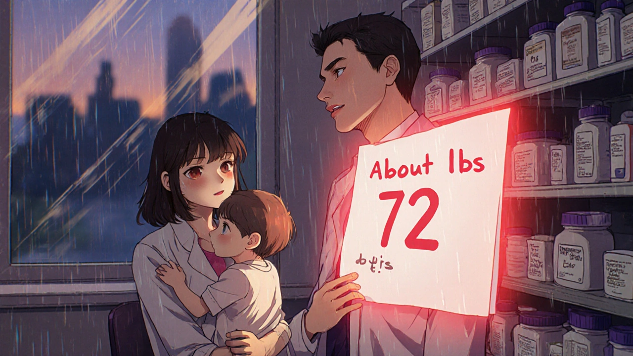 Community pharmacist facing a parent&#039;s estimated weight note, real weight shown in red behind them.