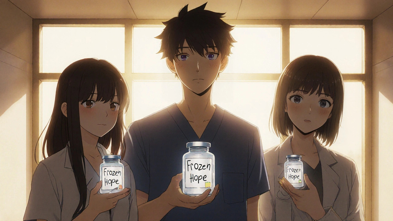 Diverse patients holding frozen fertility samples in clinic hallway, golden light symbolizing hope for the future.