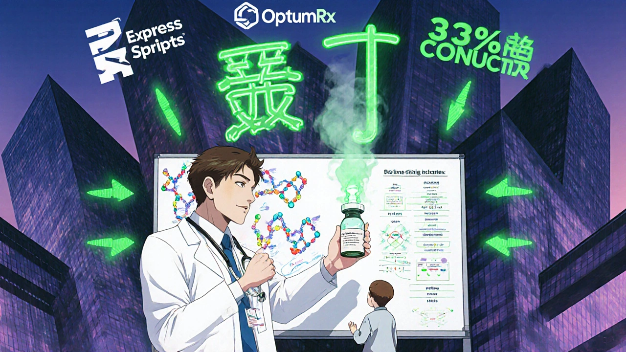 Doctor beside whiteboard with biosimilar vial while corporate shadows crush a patient figure.