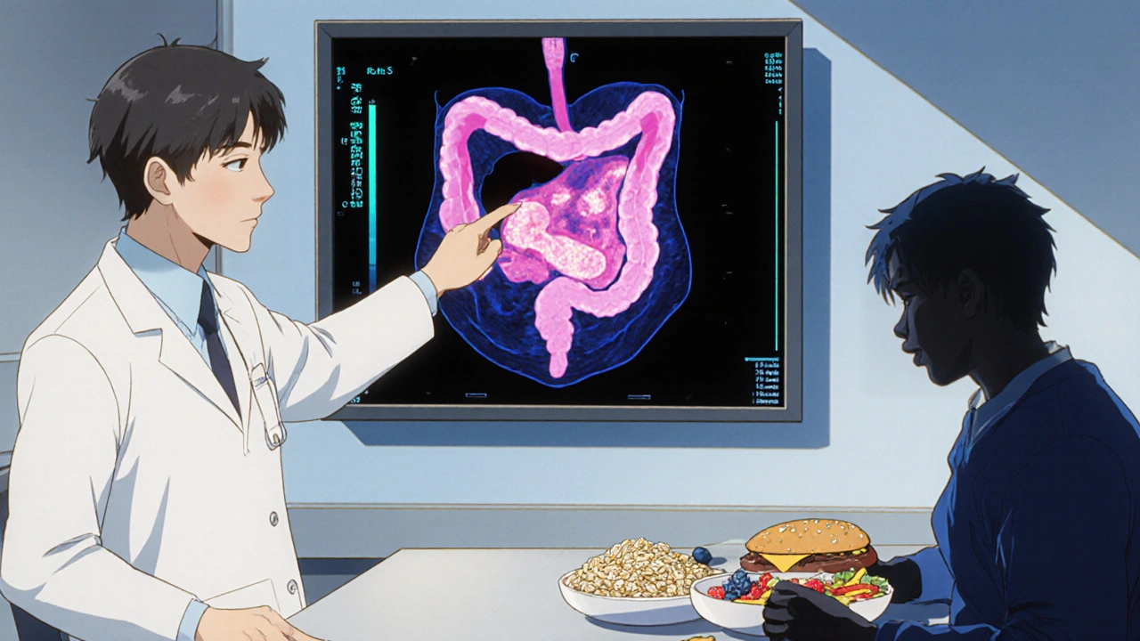 Doctor explaining CT scan of diverticulitis while patient eats healthy food, contrasting with shadowy fast food figure.