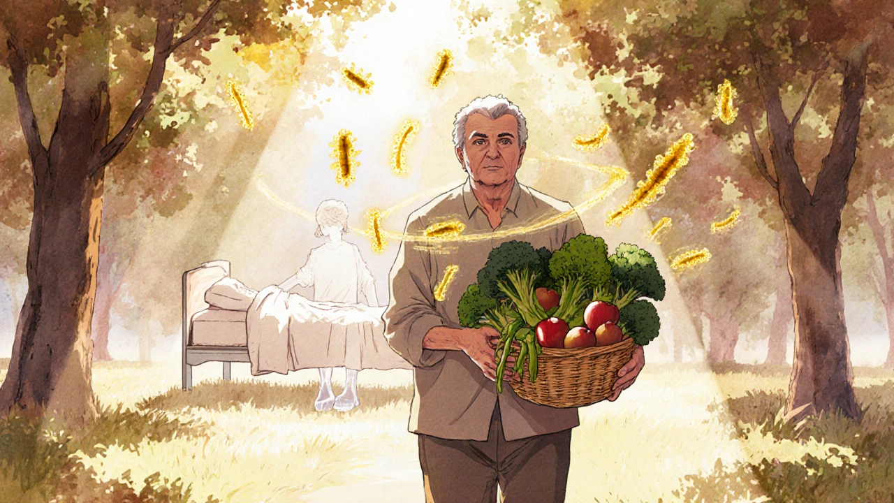 Elderly person walking in park with healthy foods, glowing beneficial bacteria surrounding them like fireflies.