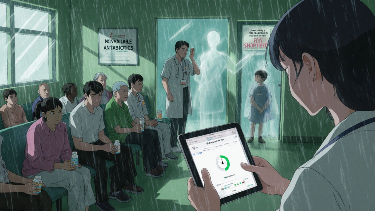 Emergency room with patients holding empty pill bottles and a frozen FDA portal screen.