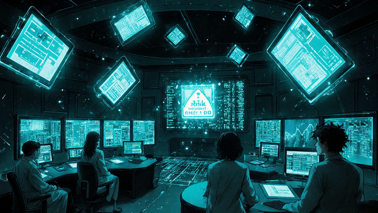 FDA analysts monitor holographic drug warnings in real time, with one personalized risk alert glowing bright.