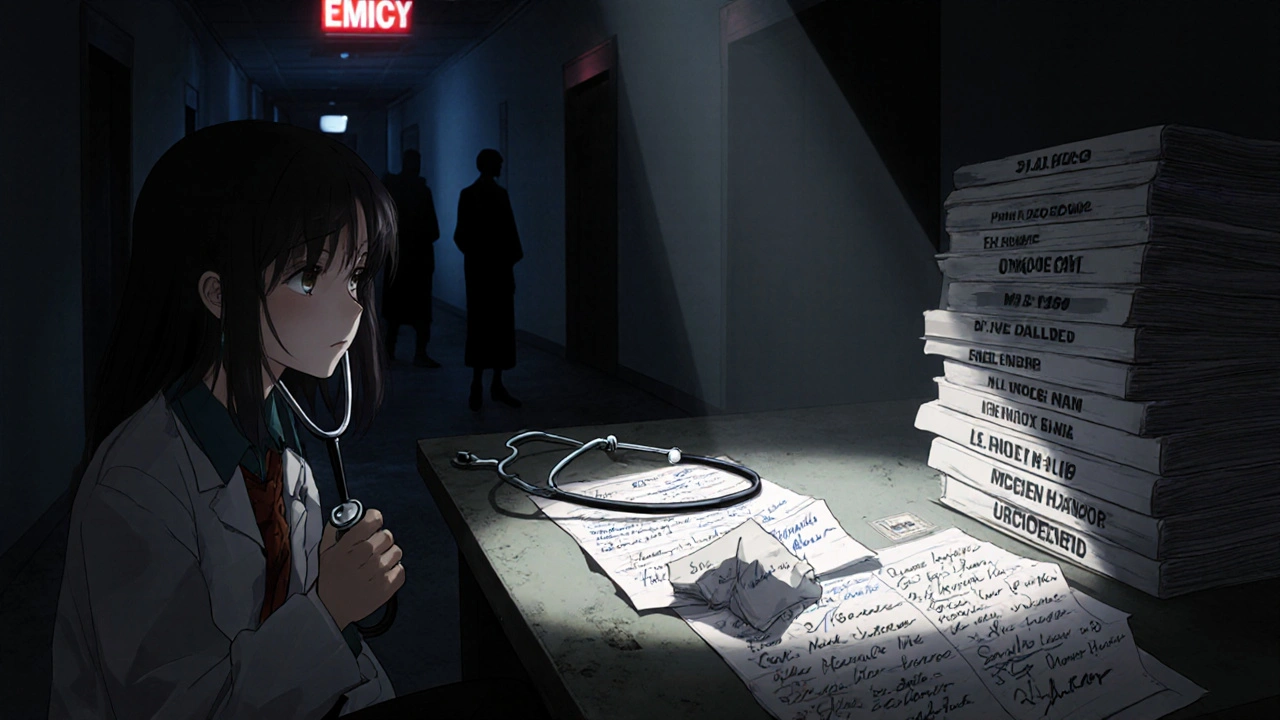 Forgotten bills in a congressional hallway as a medical student stares in despair.