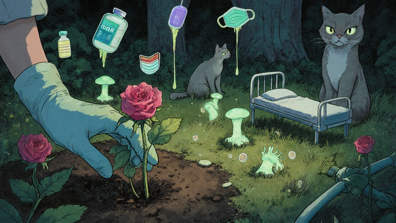 Gloved hand gardening as fungal spores take monstrous form, cat watching nearby.