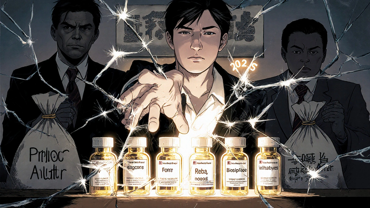 Hand breaking through denial barrier to reach glowing biosimilars under CMS reform banner.