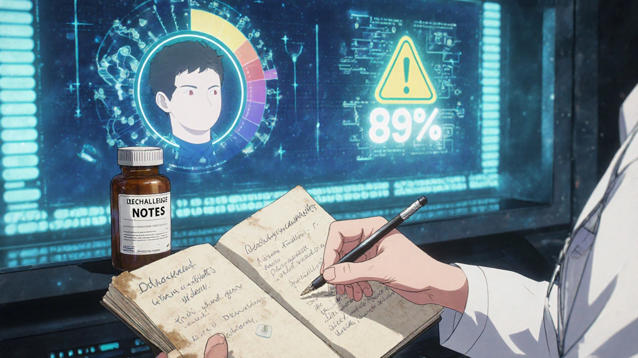 Holographic drug reaction analysis in lab with doctor holding handwritten notes