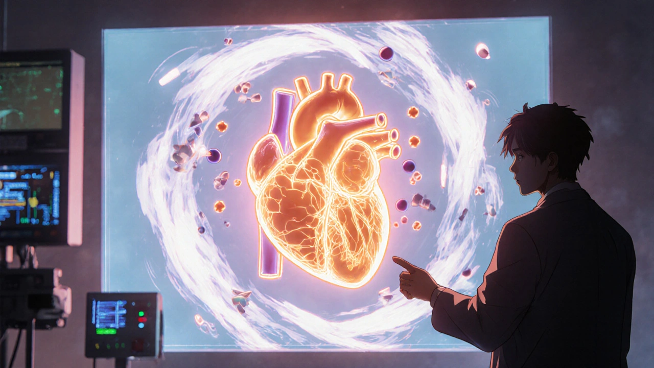 Holographic heart with prolonged QT interval and alcohol molecules colliding.