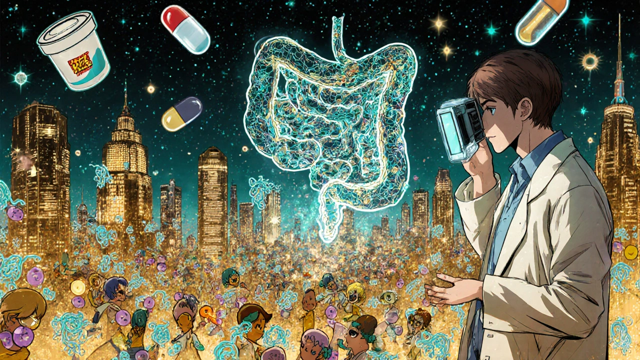 Neon microbial cityscape representing a personalized gut microbiome, analyzed by a scientist with a hologram
