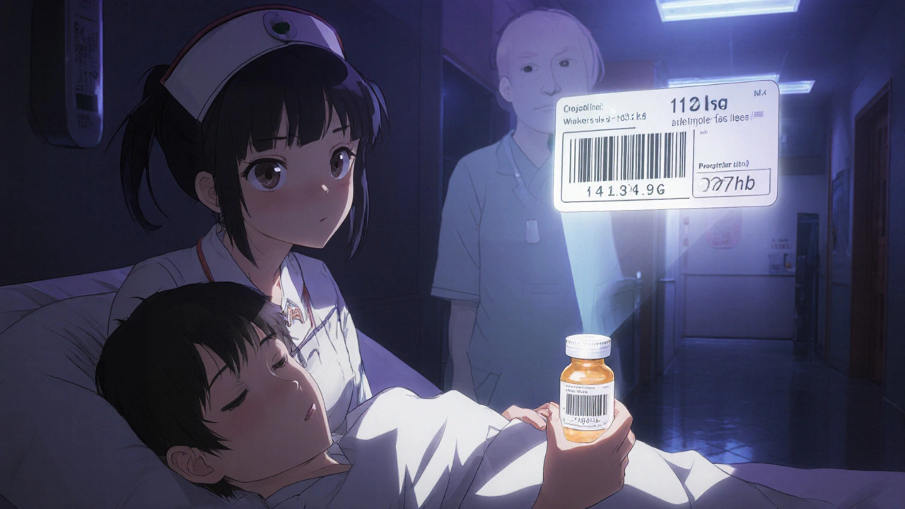 Nurse scanning a medication barcode at bedside, holographic weight and dose confirmation visible.