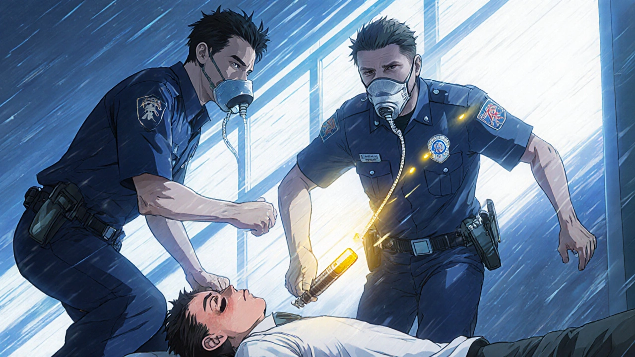 Paramedics administering epinephrine to collapsed patient with swollen throat