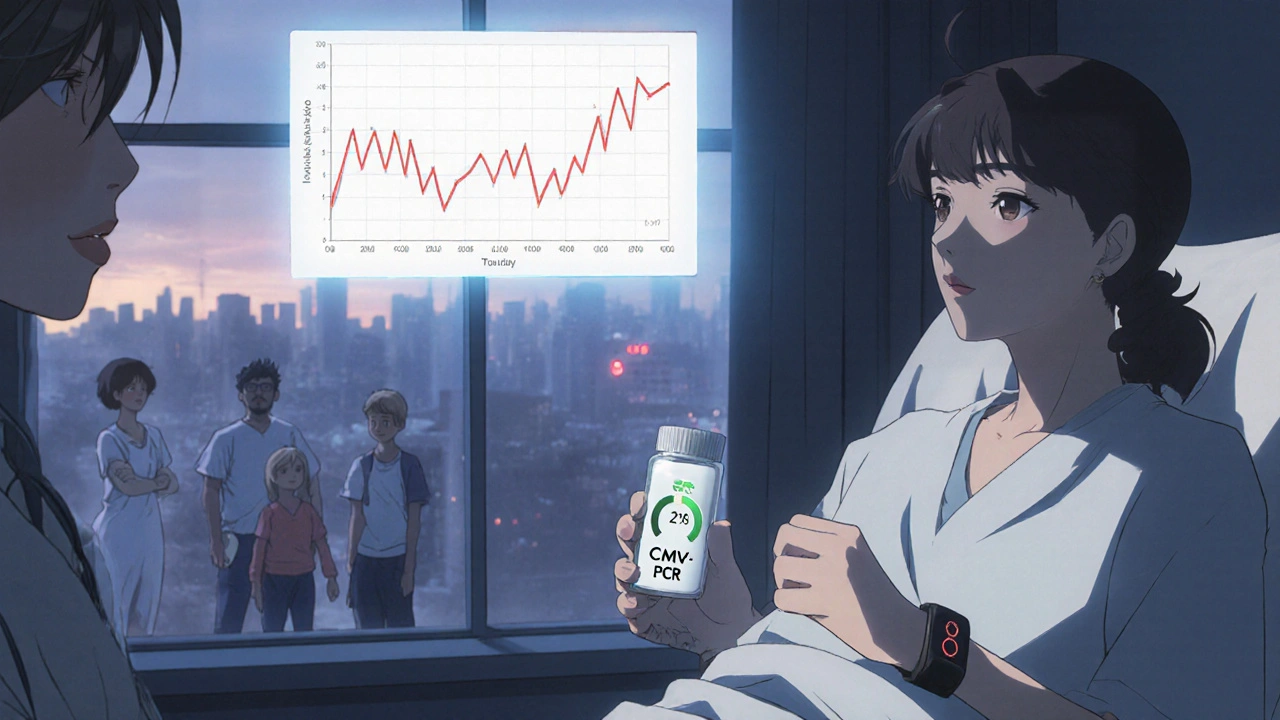 Patient monitoring CMV levels with wearable device in hospital room at dawn.