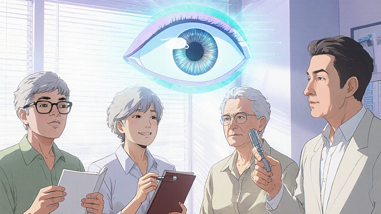 People in an eye clinic with various vision aids and a holographic eye diagram above them.