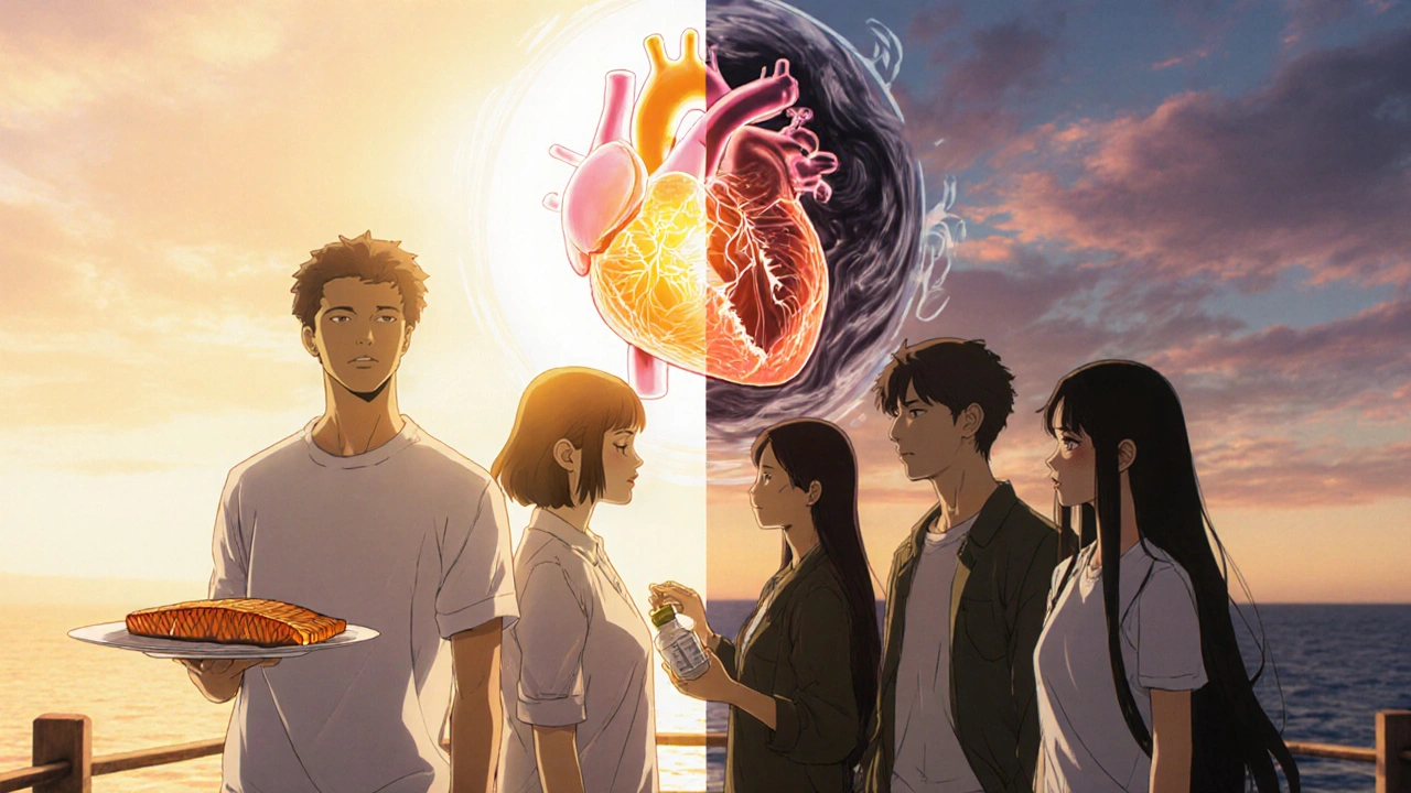 People on a dock choose between eating fish or taking pills, with dual heart outcomes behind them.