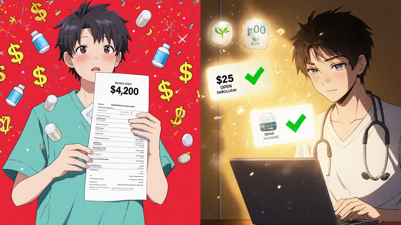 Person comparing insurance plans on laptop, one side showing financial chaos, other side calm with cost savings.