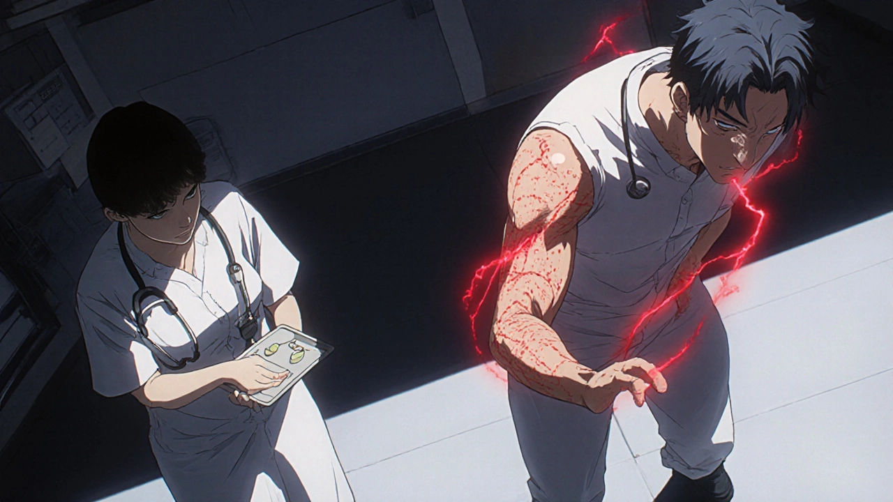 Rechallenge scene with rash reappearing on patient&#039;s arm under monitoring