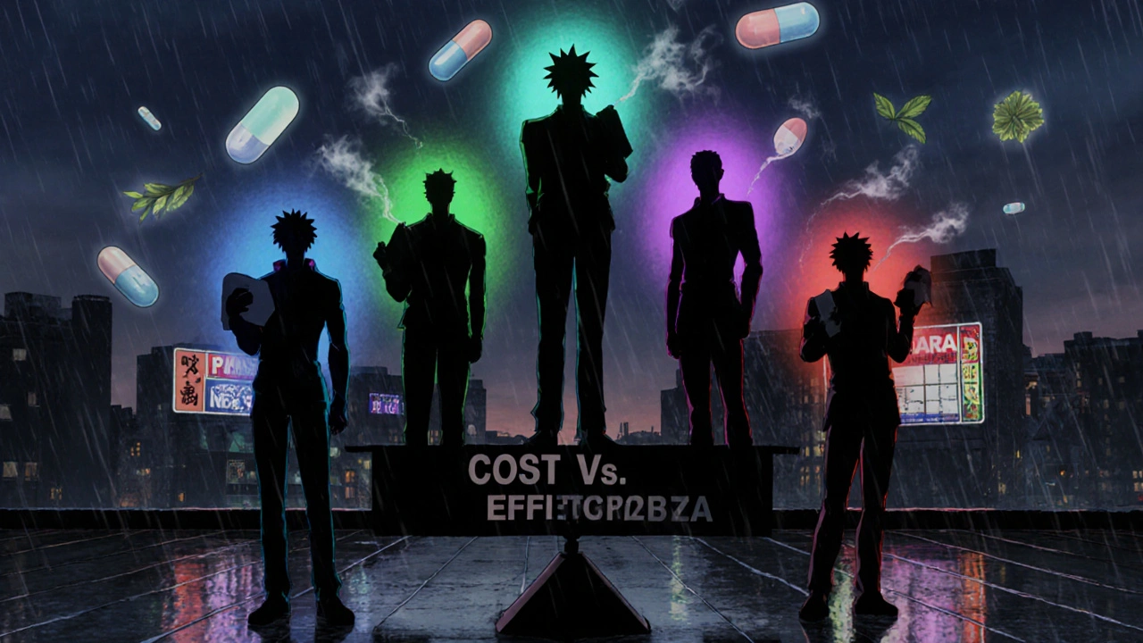 Silhouetted men holding different ED meds on a cost-effectiveness scale, Nizagara heaviest, herbs fading as smoke.