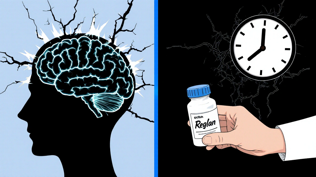 Split image of a healthy brain versus a damaged one, with a pill bottle and replacement medication in foreground.