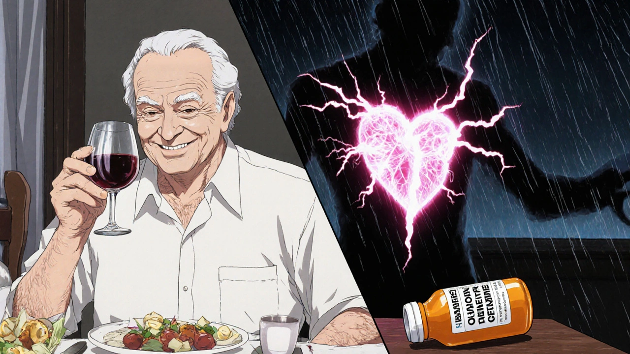 Split scene: calm man drinking wine vs. his heart cracking with lightning.