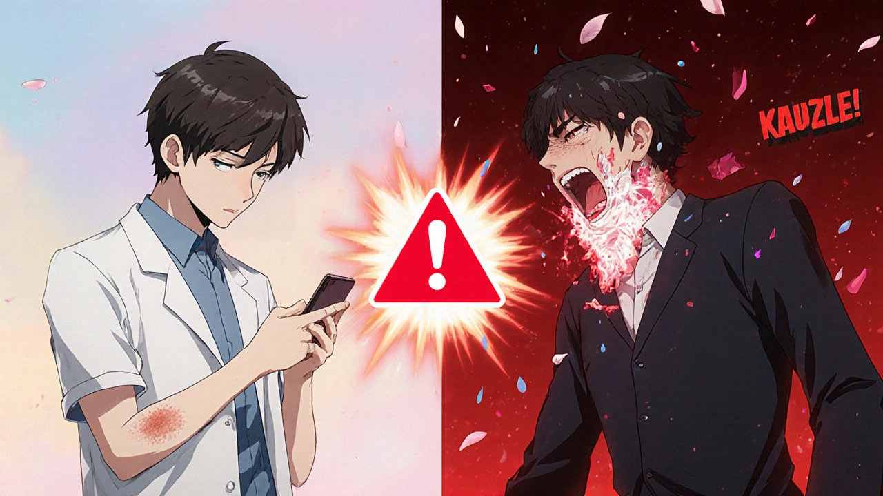 Split scene: mild rash vs. severe allergic reaction with glowing alarm between