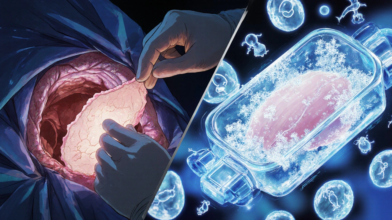 Surgeon removing ovarian tissue, with frozen sample glowing in cryo-container surrounded by reproductive icons.