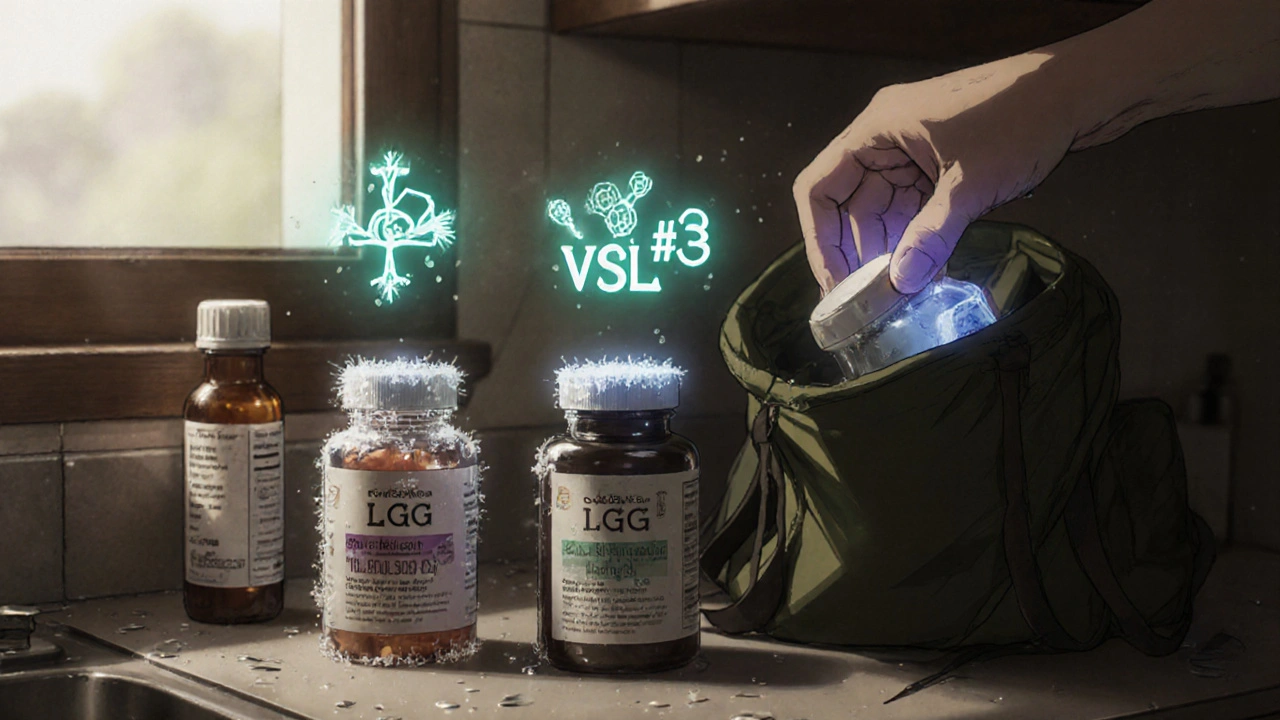 Three probiotic bottles on a counter, one glowing and fresh, another cracked and dead, with morning light