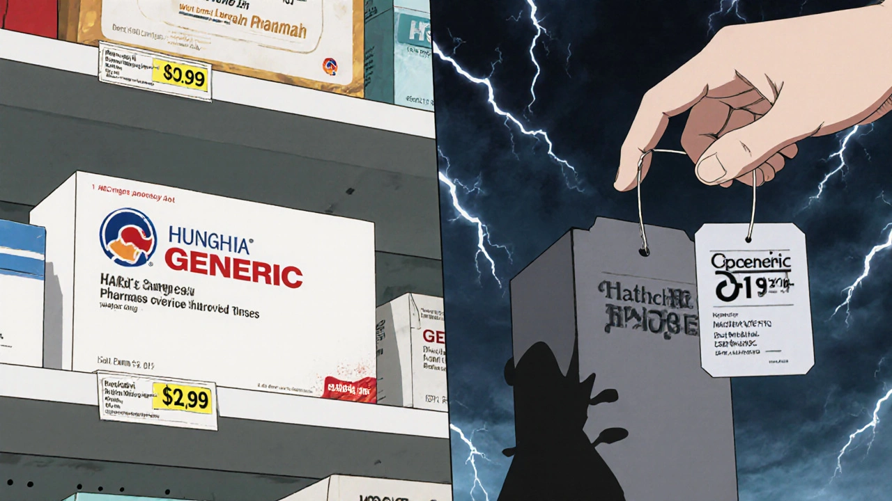 Two pharmacy shelves showing a single generic versus brand and authorized generic side-by-side.