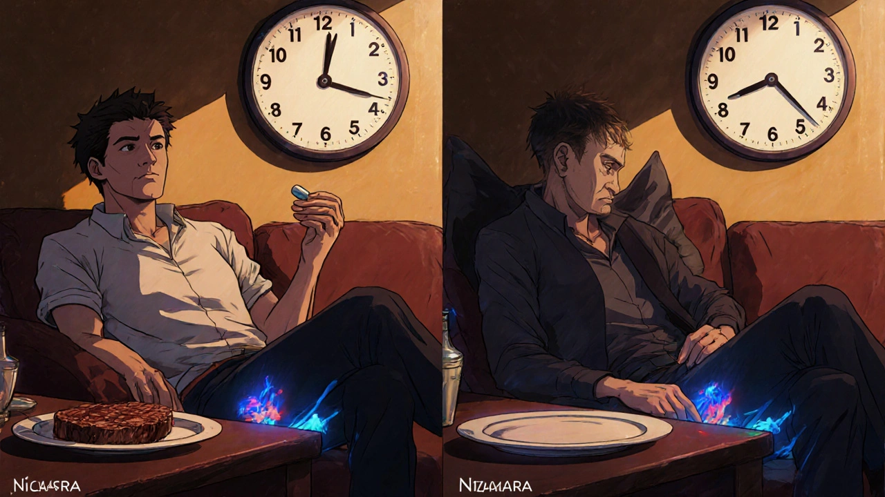 Two scenes showing Nizagara and Cialis effects over time, with clocks and meal contexts, blood flow illustrated.