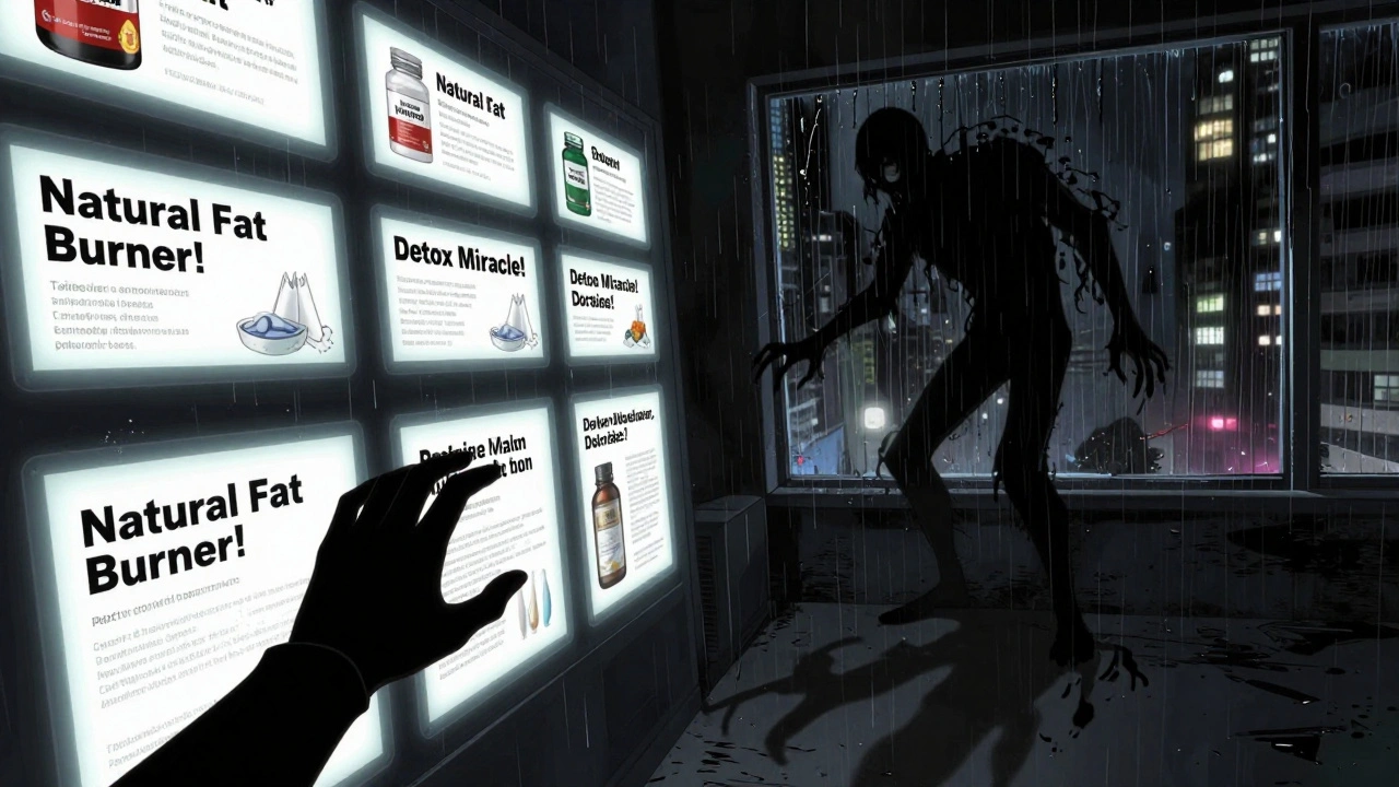 A dark online store with supplement labels revealing hidden dangerous ingredients.