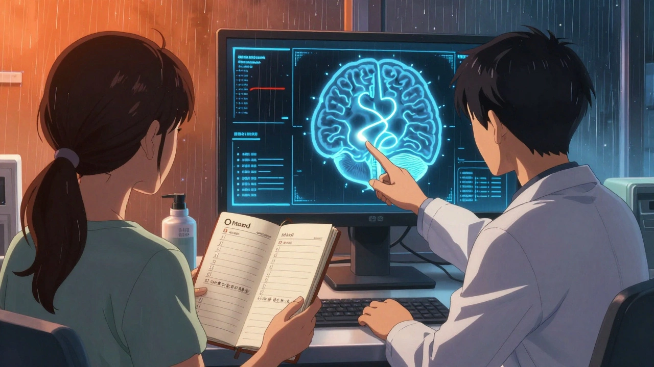 A doctor and patient review a brain scan showing opioid-induced dopamine decline in a clinical setting.