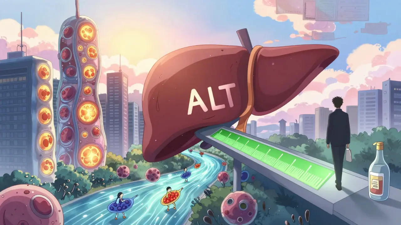 A healing liver city with glowing cells and bile rivers under dawn light, symbolizing recovery in anime style.