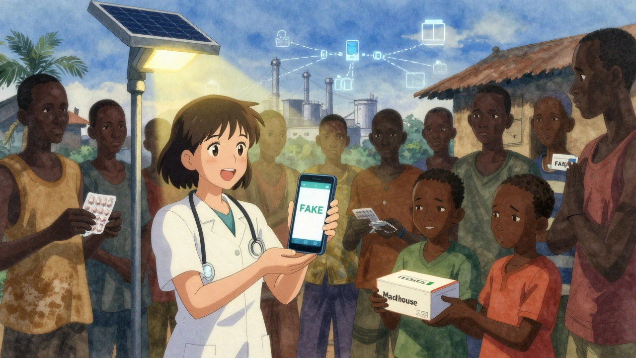 A health worker shows a villager a &#039;FAKE&#039; SMS alert, while real medicine is handed out under a solar lamp.