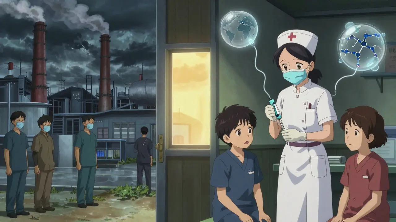 A nurse divides a single insulin dose between two patients in a rural clinic, shadows falling across their worried faces.